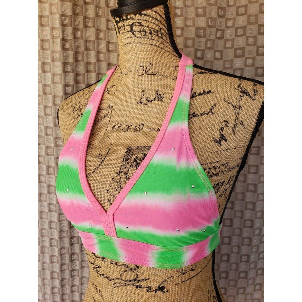 Girls Halter Bikini Top PINK Green Studded Swimwear Swimsuit Size 12 NWOT - Picture 2 of 8